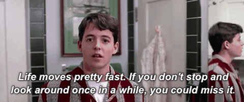 Ferris Bueller: "Life moves pretty fast. If you don't stop and look around, you could miss it."